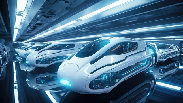 Innovative futuristic space time machine capsule in the spaceship background.