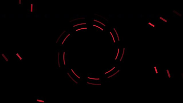Animation loop technology shows red lines of light moving in circular waves on dark background. Red neon circles abstract futuristic motion background with space for text. Loop animation.