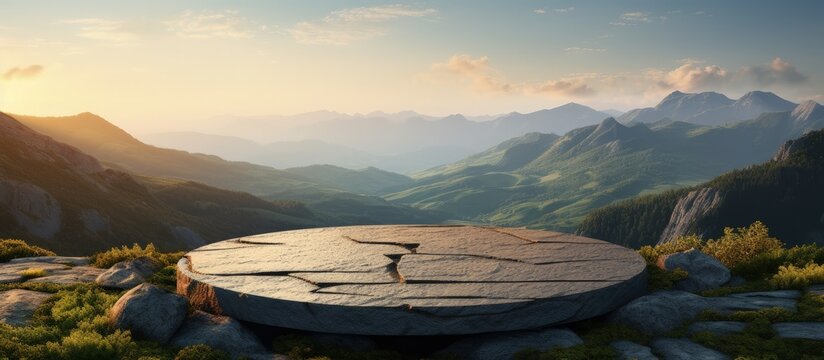 Outdoor rock table top with mountain landscape at sunrise showcasing organic beauty