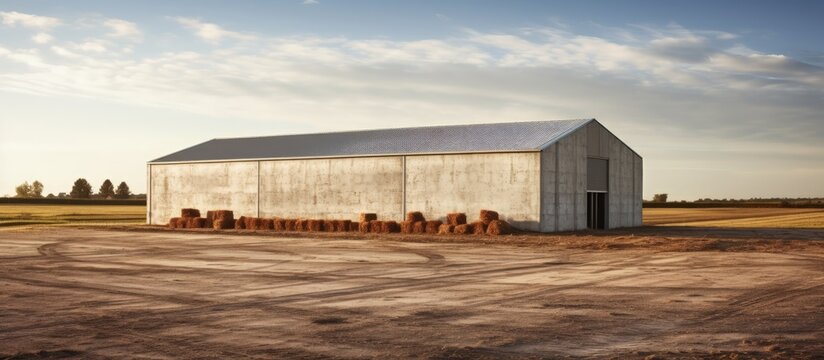 Photo of a modern Dutch agricultural barn on a sunny fall day with a concrete yard