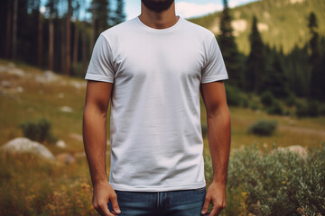 Ai Generated A blank T shirt mockup on a model in a natural outdoor  - obrazy, fototapety, plakaty