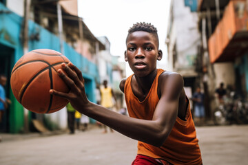 A young African boy playing basketball in a street court - obrazy, fototapety, plakaty