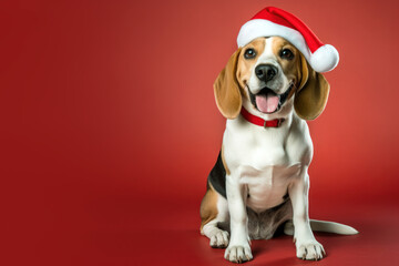 Beagle dog wearing red santa claus hat isolated on pastel background