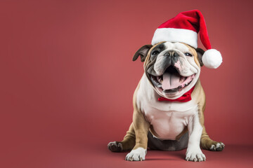 Bulldog wearing red santa claus hat isolated on pastel background