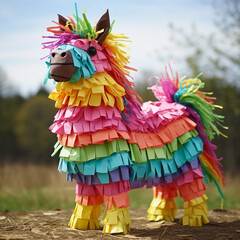 Mexican donkey and llama piñata, colorful toys with treats for children's birthday, party celebration, carnival or party, cute paper containers for candy, Mexican parties, tradition and culture - obrazy, fototapety, plakaty