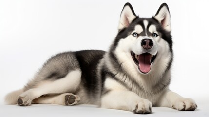 panting husky wearing a dog isolated on white