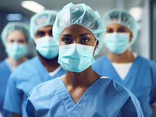 Portrait of a medical team in a busy hospital. A group of healthcare professionals in a hospital environment wearing facial protection masks in the emergency room.