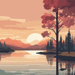 Design an intricate vector illustration that captures the tranquility of a lakeside landscape during sunset. Utilize a warm and inviting color palette of flat colors to depict the serene lake