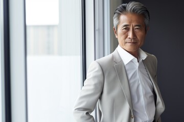 Fototapeta premium smart elegance senior old adult businessman standing smile confident and cheerful wear formal suit portrait shot in modern interior office background