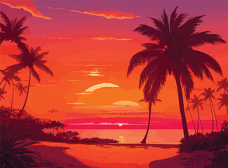 Illustrate a tropical paradise at sunset, where palm trees cast long shadows on golden sands, and vibrant hues of orange and pink fill the sky as the sun dips below the horizon.