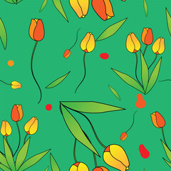 Beautiful tulip flowers and leaves vector illustration and green seamless pattern background.