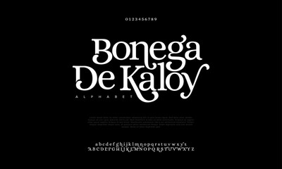 Bonegadekaloy premium luxury elegant alphabet letters and numbers. Elegant wedding typography classic serif font decorative vintage retro. Creative vector illustration