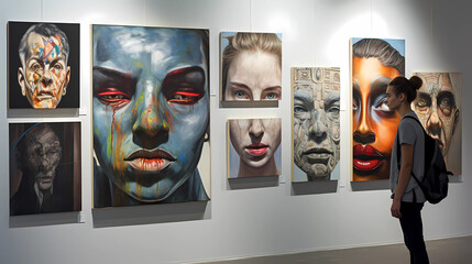 An artist displays his paintings at an art exhibition