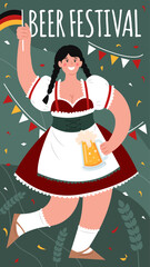 Oktoberfest poster. Beer Festival. A woman in a national German costume holds a mug of beer and a flag of Germany. Vector hand drawn illustration with lettering and autumn leaves.
