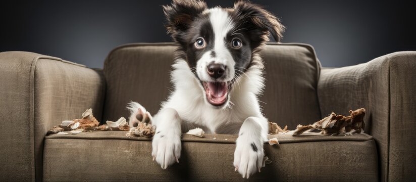 Border Collie puppy chews home furniture