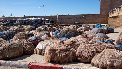 Fishing nets on the quay in the harbor in Essaouira, Morocco