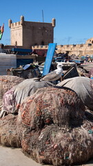Yellow-legged gull (Larus michahellis) perched on fishing nets on the quay in the harbor in...