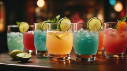 Drinks bar banner background, Set of colorful mixed cocktails isolated,, copy space. Beautiful colors.