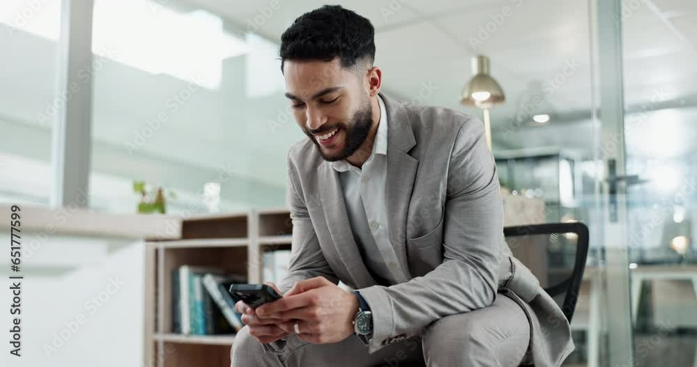 Poster phone, networking and businessman in the office typing a message on the internet or mobile app. tech