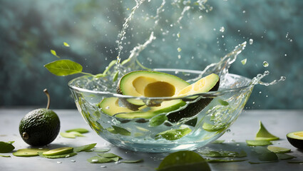 Avocado fruit and Avocado slices with leaf water splash in bowl. Image is generated with the use of...