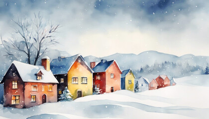 Fototapeta na wymiar Beautiful winter scene with houses in snow landscape abstract art with copy space