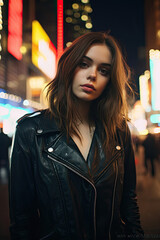 A portrait of a 21 years old girl wearing stylish leather jacket, straight brown hair, night light, background is times square lights, streets