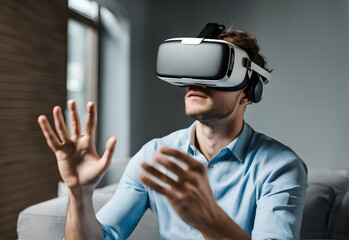 portrait of a person wearing a VR glasses, Medium shot man wearing VR glasses