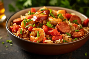 ai generate A bowl of fragrant_ and spicy jambalaya with sausage