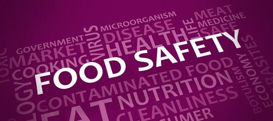 Food safety theme typography graphic work, consisting of important words and concepts. 3D render