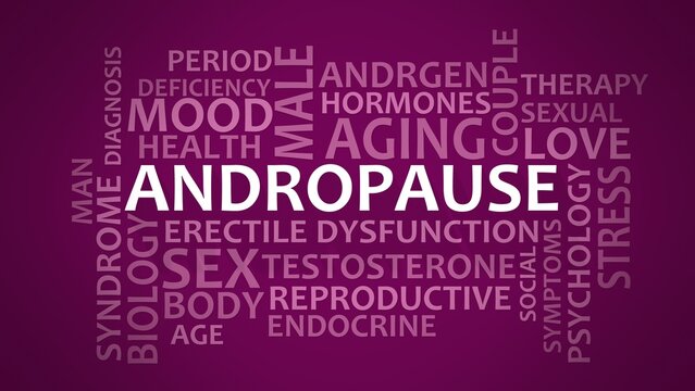 Andropause theme typography graphic work, consisting of important words and concepts. 3D render. Symptoms middle-aged men testosterone level