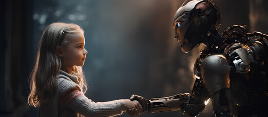 A little girl shaking hands with robot.The future world concept.
 - obrazy, fototapety, plakaty