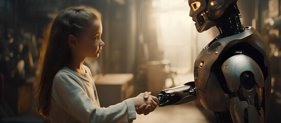 A little girl shaking hands with robot.The future world concept.
