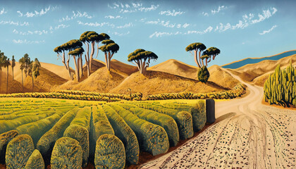 Beautiful illustration of the Ojai landscape in California, USA - obrazy, fototapety, plakaty