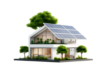 3D modern house with sun panels energy on the roof, Innovation sustainable green building Eco-friendly creative idea concept design, isolated on white and transparent background, ai generate