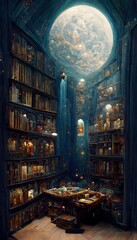 inside of a hyper realistic vast library interior filled with books monks in fancy robes and floating magical bookshelves cosmos in the sky and moons with planets ravenclaw common room no blur 