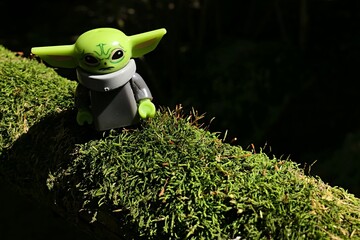 Naklejka premium LEGO Star Wars small figure of Baby Yoda alias Grogu from TV series Mandalorian standing on moss covered branch of Thuja Orientalis tree.