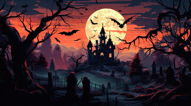 A beautiful night scene with skeletons, flying witches, bats, and a graveyard in the background, in the style of dark orange and light indigo