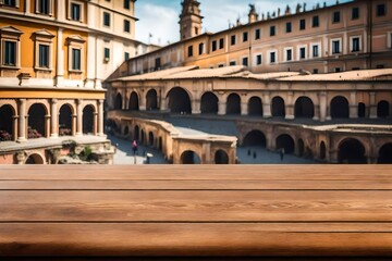 Fototapeta na wymiar 3d rendering Empty wooden table top with blur background of Rome. Exuberant image. For mounting your product. digital art.