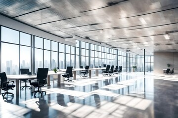 Naklejka na ściany i meble Beautiful blurred background of a light modern office interior with panoramic windows and beautiful lighting.