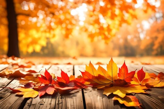 3d rendering Wooden table and blurred Autumn background. Autumn concept with red-yellow leaves background. 