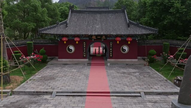 Aerial photography of Taoist temples with ancient Chinese architecture