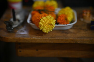 Marigold Flowers on the plate For Worship. Hindu Religion.	