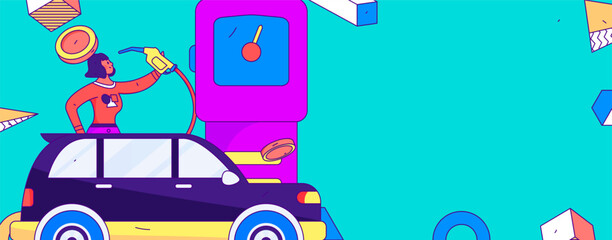 Vector Internet operation hand-drawn illustration of people getting discounts for refueling their cars