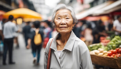 Elderly lady shopping at outdoors food market with copy space