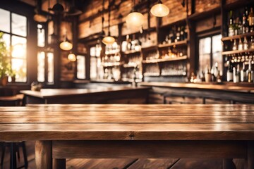 Fototapeta na wymiar Empty rustic bar restaurant café wooden table space platform with defocused blurry pub interior sunny weather autumn summer spring warm cozy house cottage core mockup product display background.