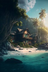 The gentle waves beckon inviting me to explore the picturesque island retreat a paradise in the sun Cinematic photograph 4k photorealistic  - obrazy, fototapety, plakaty