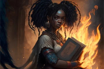 Foto op Plexiglas a beautiful African woman dread locks kente escaping a massive burning fantasy library with her journal in hand mystical magical high fantasy epic cinematic  © John