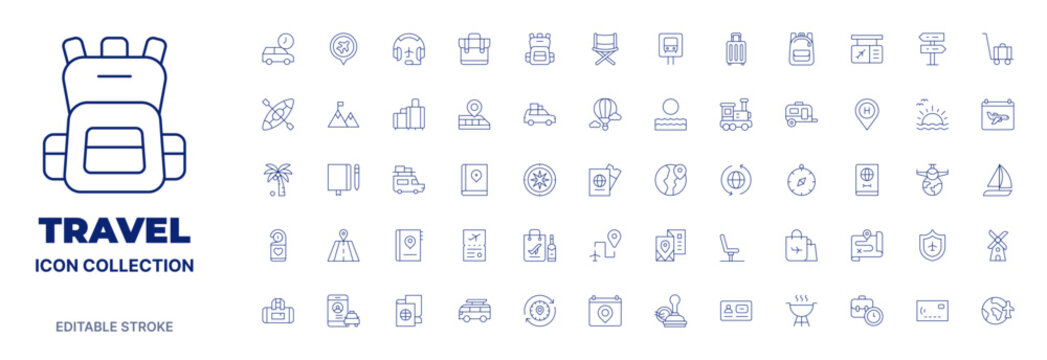 Travel icon collection. Thin line icon. Editable stroke. Editable stroke. Travel icons for web and mobile app.