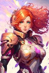 Create a Futuristic Legends Female Character red hair Shoujostyle illustration5 with soft colors and dreamy effects Radiant Luminous Glowing Shimmering Glimmering Gleaming Glinting Sparkling  - obrazy, fototapety, plakaty
