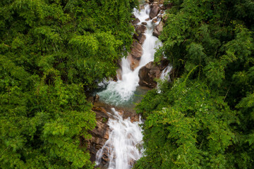 Krathing waterfall in the rainy season and refreshing greenery forest in the national park of Khao Khitchakut Chanthaburi province Thailand panorama aerial view for background.